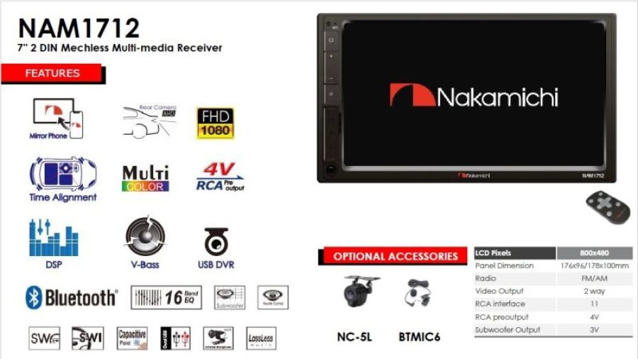 Receiver Nakamichi 2din cu bluetooth si mirrorlink ecran 7 inch capacitiv 4X50W max , 1 preout 4V - imagine 2