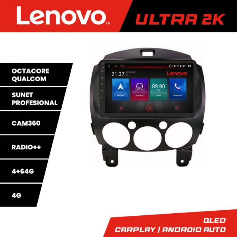 Navigatie Mazda 2 2007-2013 Android radio gps internet 8 core QLED Qualcomm 4+64 360 Lenovo