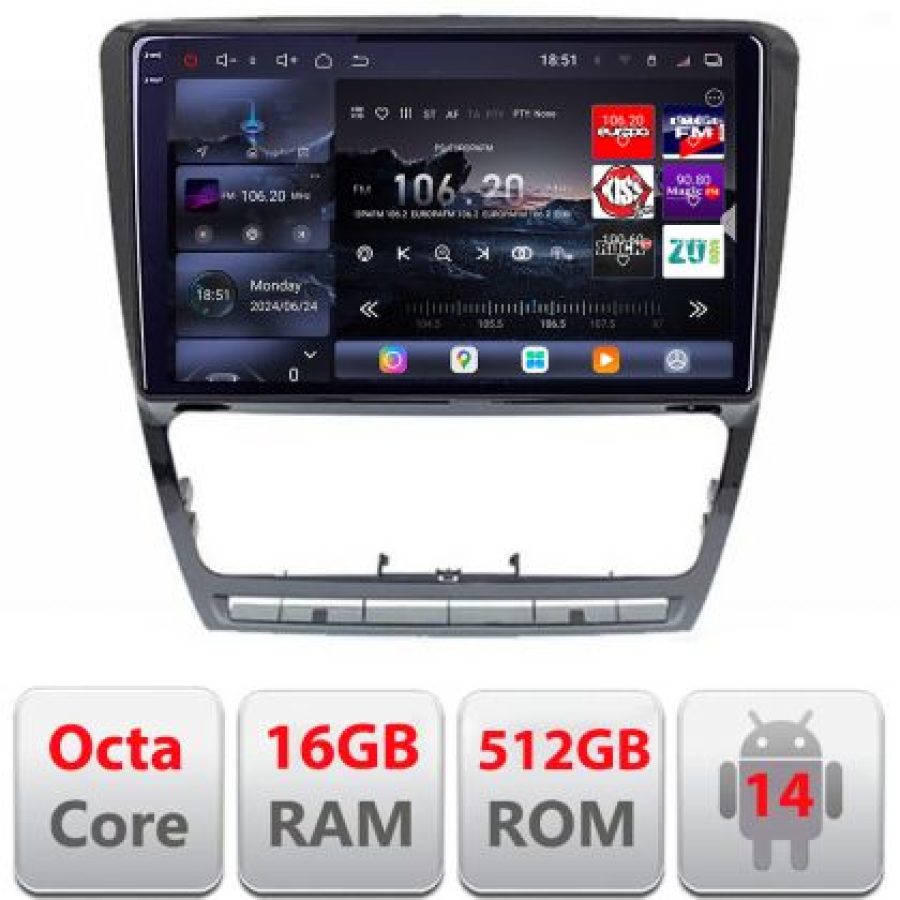 Navigatie Skoda Octavia 2 2005-2013 Lenovo Kit-005 8 core QLED 2K 16+512 360 Android Waze USB Navigatie Internet Youtube Radio