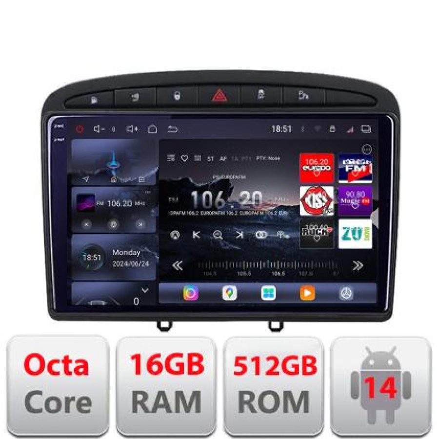 Navigatie Peugeot 308 2007-2014  Lenovo Kit-038 8 core QLED 2K 16+512 360 Android Waze USB Navigatie Internet Youtube Radio