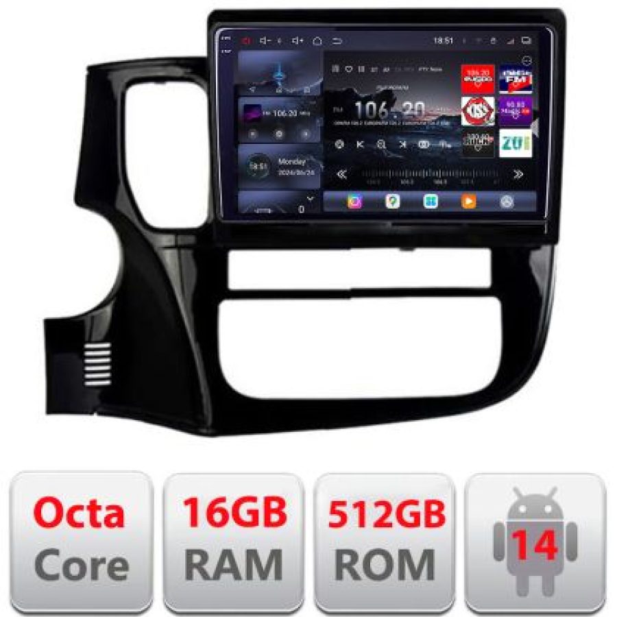 Navigatie Mitsubishi Outlander 2014- Lenovo Kit-1230 8 core QLED 2K 16+512 360 Android Waze USB Navigatie Internet Youtube Radio