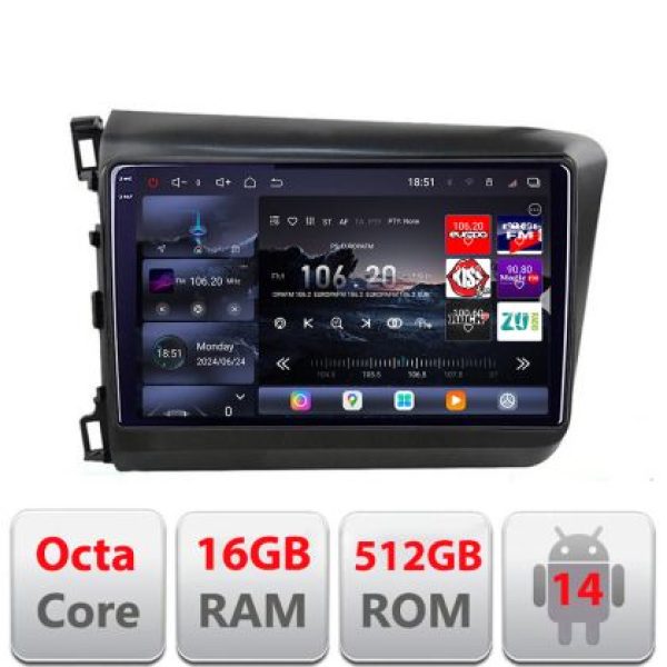 Navigatie Honda Civic 2012-2015 Lenovo Kit-132 8 core QLED 2K 16+512 360 Android Waze USB Navigatie Internet Youtube Radio