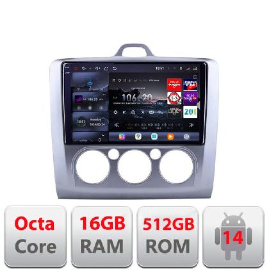 Navigatie Ford Focus 2 Clima Manuala 2005-2010 Lenovo Kit-140-manual 8 core QLED 2K 16+512 360 Android Waze USB Navigatie Internet Youtube Radio