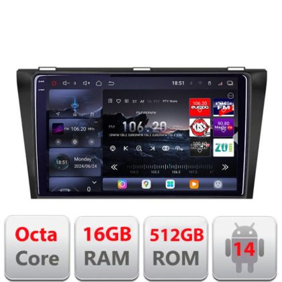Navigatie Mazda 3 2004-2009 Lenovo Kit-161 8 core QLED 2K 16+512 360 Android Waze USB Navigatie Internet Youtube Radio
