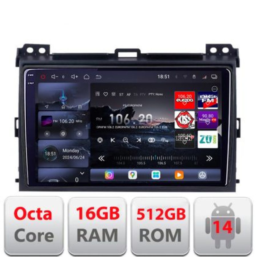 Navigatie Toyota Prado 2007- Lenovo Kit-456 8 core QLED 2K 16+512 360 Android Waze USB Navigatie Internet Youtube Radio