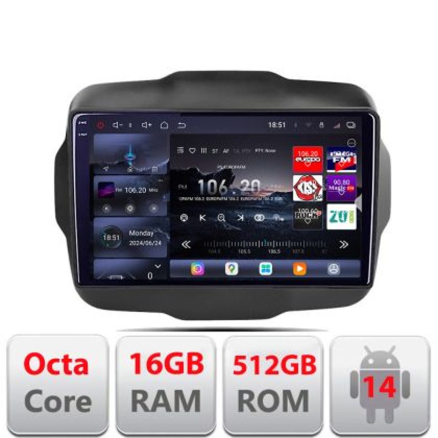 Navigatie Jeep Renegade 2015-2020 Lenovo Kit-500 8 core QLED 2K 16+512 360 Android Waze USB Navigatie Internet Youtube Radio