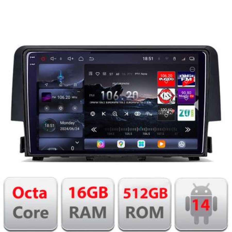Navigatie Honda Civic 2016-2020 8 core QLED 2K 16+512 360 Android Waze USB Navigatie Internet Youtube Radio Lenovo