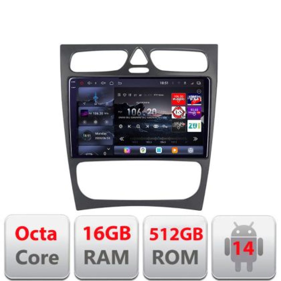 Navigatie Mercedes C W203 2000-2004 Lenovo Kit-clk 8 core QLED 2K 16+512 360 Android Waze USB Navigatie Internet Youtube Radio