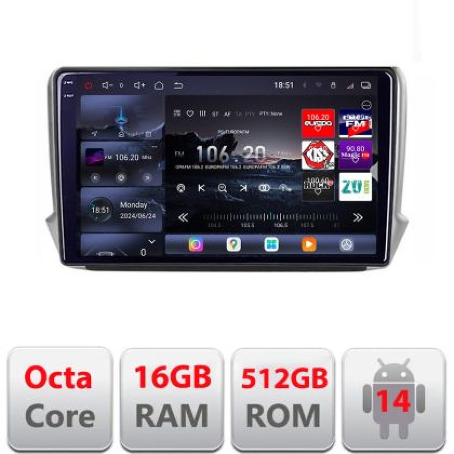 Navigatie Peugeot 208/2008 2012-2018 Lenovo Kit-PSA 8 core QLED 2K 16+512 360 Android Waze USB Navigatie Internet Youtube Radio