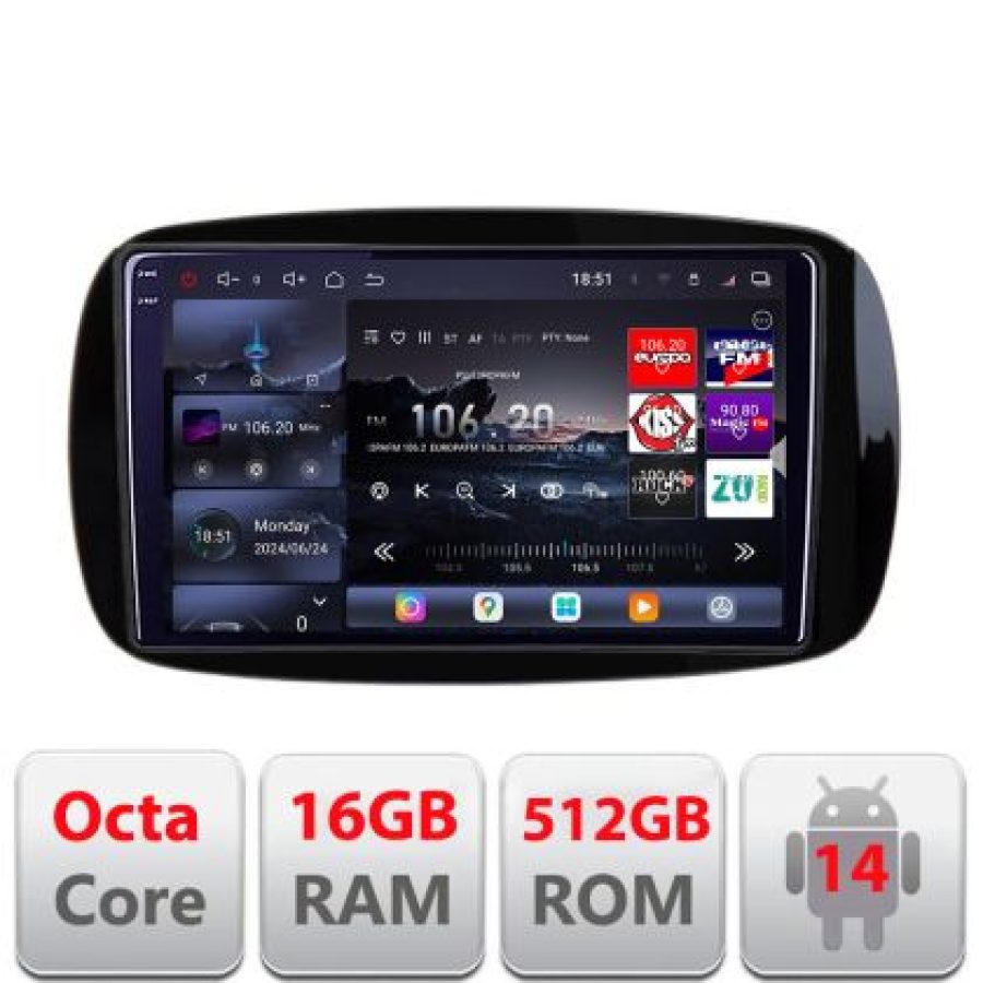 Navigatie Smart For Two 2015- Lenovo Kit-Smart15 8 core QLED 2K 16+512 360 Android Waze USB Navigatie Internet Youtube Radio