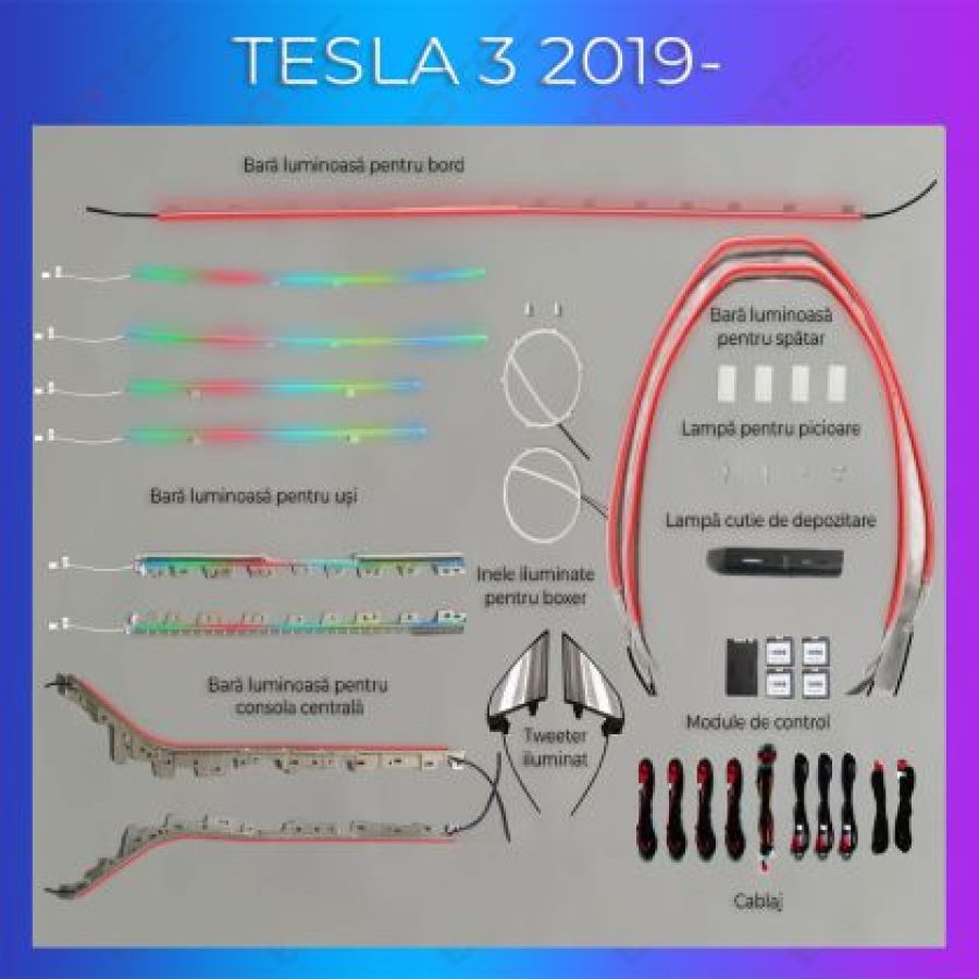 Lumini ambientale Tesla Model 3 2019-2020 set complet control telefon sau sistem original - imagine 2