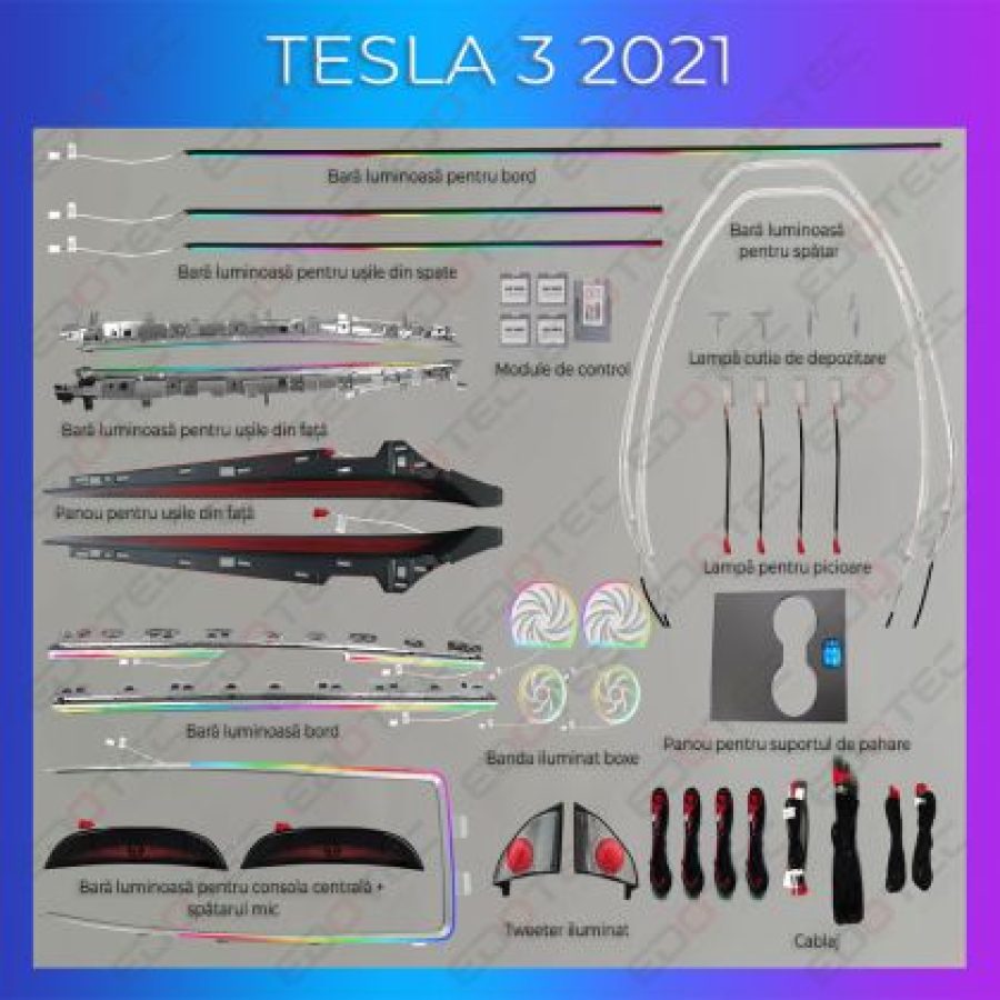 Lumini ambientale Tesla Model 3 2021-2022 set complet control telefon sau sistem original - imagine 2