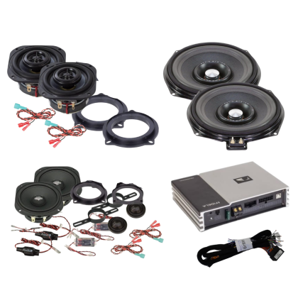Pachet audio compus din 2 difuzoare componente, 2 difuzoare coaxiale, 2 subwoofere sub scaune, cu amplificator DSP, dedicate BMW Seria E/F/G, cu inele si cablaje plug and play