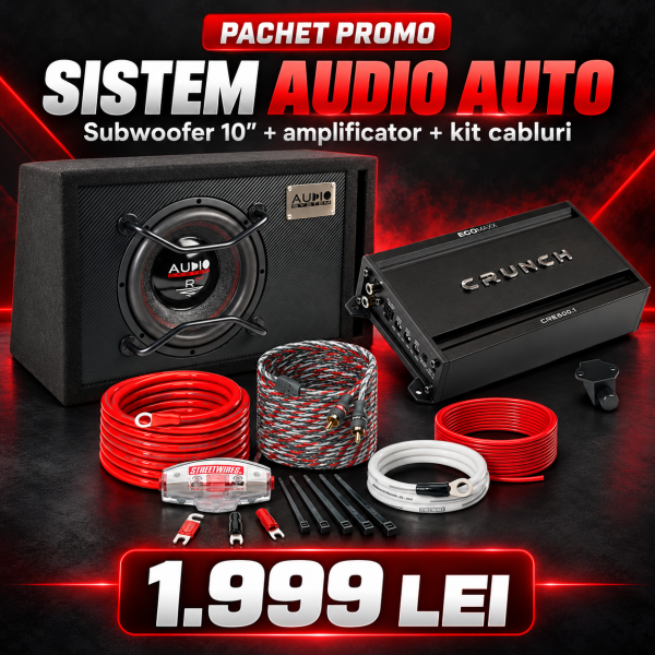 Pachet subwoofer Audio System R 10 EVO BR + amplificator Crunch CRE600.1 + kit cabluri MTX ZNX21K