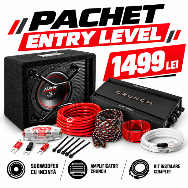 Pachet Car Audio Entry Level – Subwoofer 8” + Amplificator CRUNCH + Kit Instalare